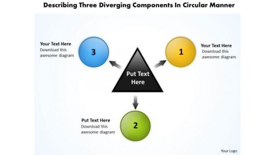 Three Diverging Components Circular Manner Relative Cycle Arrow Network PowerPoint Slides