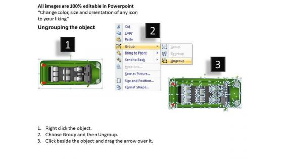 Three Green Minivan Top View PowerPoint Slides And Ppt Diagram Templates