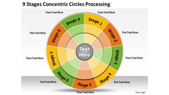 Timeline Ppt Template 9 Stages Concentric Circles Processing