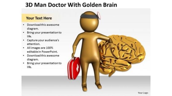 Top Business People 3d Man Doctor With Golden Brain PowerPoint Templates