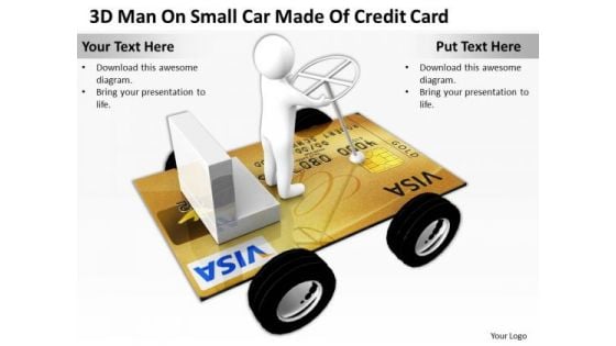 Top Business People 3d Man On Small Car Made Of Credit Card PowerPoint Slides