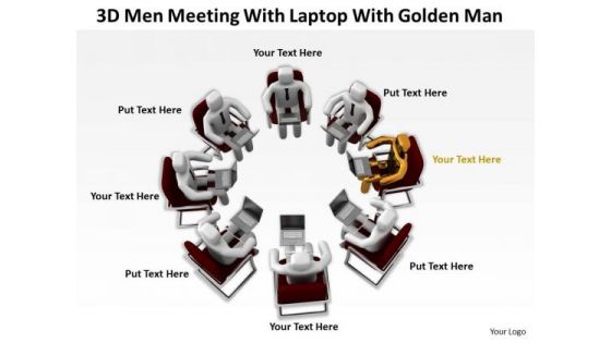 Top Business People 3d Men Meeting With Laptop Golden Man PowerPoint Slides