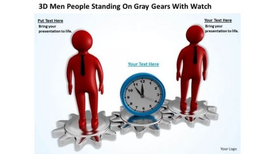 Top Business People 3d Men Standing On Gray Gears With Watch PowerPoint Slides