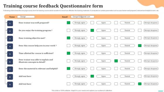 Training Course Feedback Questionnaire Form Survey SS