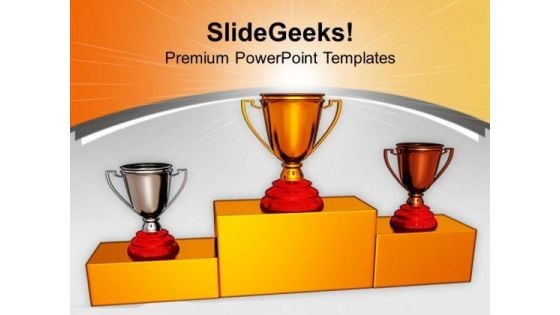 Trophies On Podium Winner Competition PowerPoint Templates Ppt Backgrounds For Slides 0213