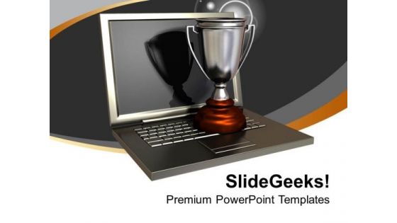 Trophy On Silver Laptop PowerPoint Templates Ppt Backgrounds For Slides 0213