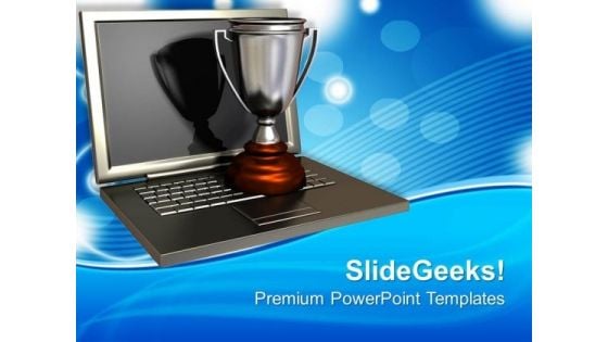 Trophy On Top Of An Open Laptop PowerPoint Templates Ppt Backgrounds For Slides 0113