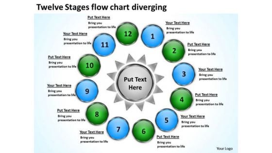 Twelve Stages Flow Chart Diverging Charts And PowerPoint Slides