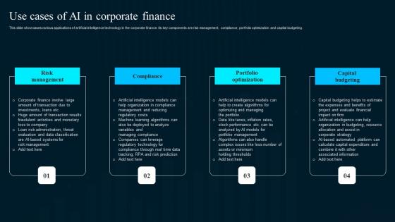 Use Cases Of Ai In Corporate Finance Artificial Intelligence Applications Background Pdf