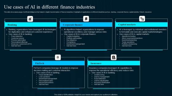 Use Cases Of Ai In Different Finance Industries Artificial Intelligence Applications Infographics Pdf