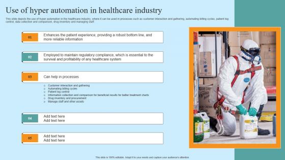 Use Of Hyper Automation In Healthcare Industry Hyper Automation Solutions Diagrams PDF