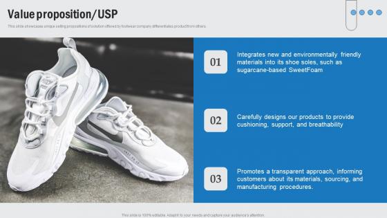 Value Proposition Usp Footwear Company Funding Elevator Pitch Deck Inspiration Pdf