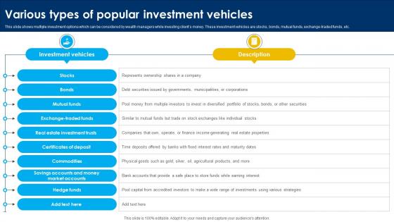 Various Types Of Popular Investment Vehicles Strategic Wealth Management And Financial Fin SS V