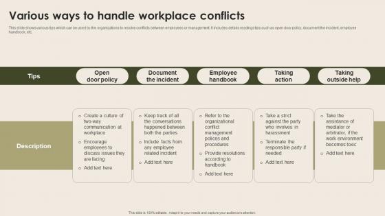 Various Ways To Handle Workplace Conflicts Nurturing Positive Work Culture Portrait Pdf