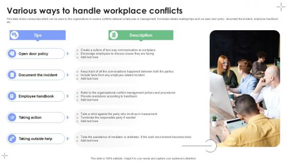 Various Ways To Handle Workplace Conflicts Plan To Develop Ppt Example Various Ways To Handle Workplace Conflicts Plan To Develop Ppt Example