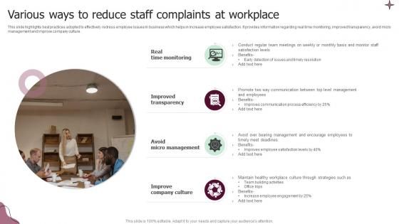 Various Ways To Reduce Staff Complaints At Workplace Infographics Pdf