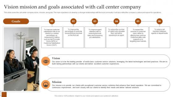 Vision Mission And Goals Associated With Call Center IT And Tech Support Business Diagrams Pdf