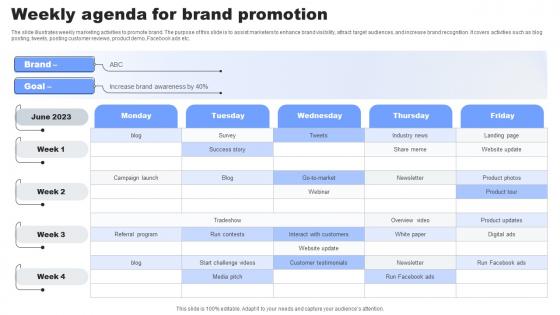 Weekly Agenda For Brand Promotion Topics Pdf