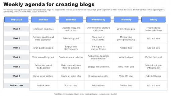 Weekly Agenda For Creating Blogs Diagrams Pdf