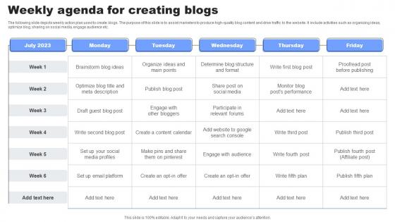 Weekly Agenda For Creating Blogs Diagrams Pdf