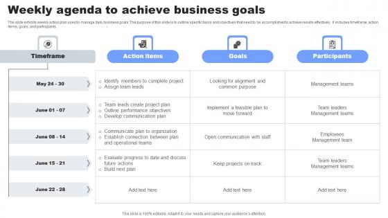 Weekly Agenda To Achieve Business Goals Summary Pdf