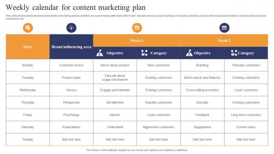 Weekly Calendar For Content Marketing Plan Information Pdf