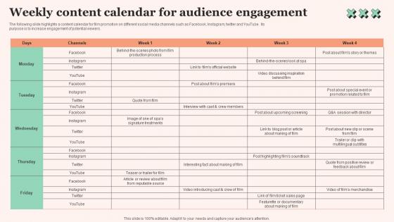 Weekly Content Calendar Film Promotional Techniques To Increase Box Office Collection Portrait Pdf