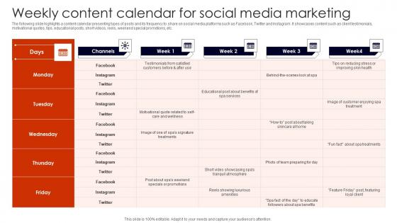 Weekly Content Calendar Social Building Spa Business Brand Presence Marketing Professional Pdf