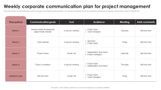 Weekly Corporate Communication Plan For Project Management Themes Pdf