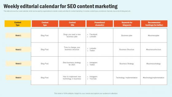 Weekly Editorial Calendar SEO Enhancing Website Performance With Search Engine Content Brochure Pdf