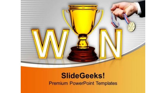 Win With Golden Trophy Competition PowerPoint Templates Ppt Backgrounds For Slides 0113