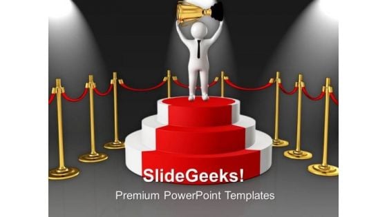 Winner On Podium With Golden Trophy Success PowerPoint Templates Ppt Backgrounds For Slides 0813