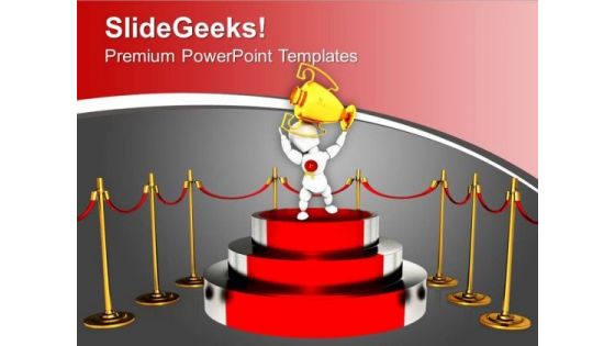 Winner Standing On Red Carpet With Trophy PowerPoint Templates Ppt Backgrounds For Slides 0313