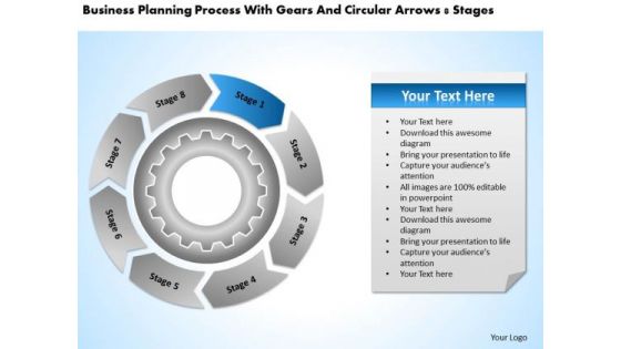 With Gears And Circular Arrows 8 Stages Examples Of Business Plan PowerPoint Templates