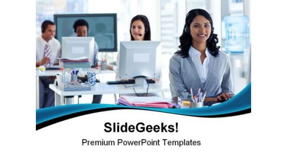 Woman With A Headset Business PowerPoint Themes And PowerPoint Slides 0511