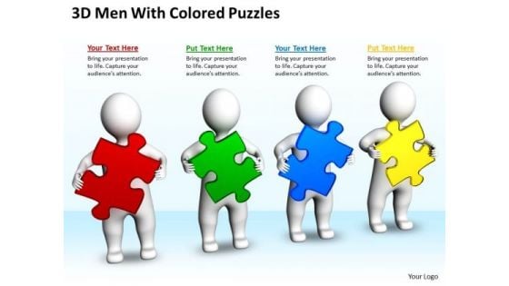 Work Flow Business Process Diagram 3d Men With Colored Puzzles PowerPoint Templates