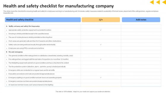 Workforce Productivity Improvement Health And Safety Checklist For Manufacturing Professional Pdf