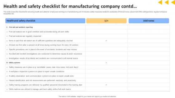 Workforce Productivity Improvement Health And Safety Checklist For Manufacturing Professional Pdf