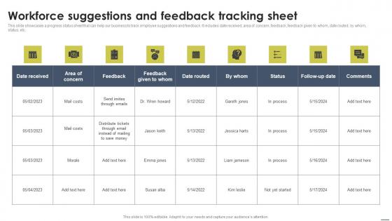 Workforce Suggestions And Feedback Tracking Sheet Staff Management Approache Themes Pdf