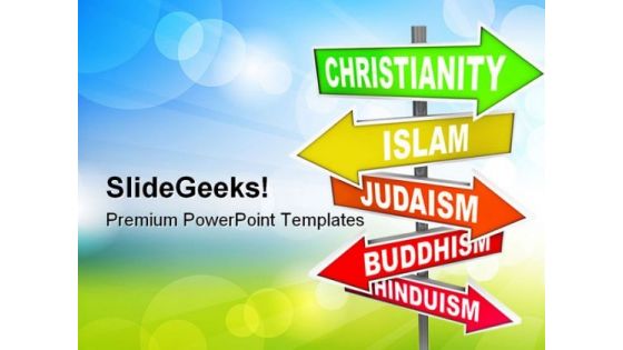 World Religions Signpost Metaphor PowerPoint Templates And PowerPoint Backgrounds 0811