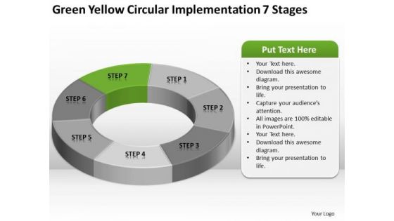 Yellow Circular Implementation 7 Stages Ppt Company Description Business Plan PowerPoint Slides