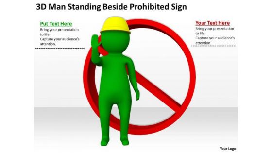 Young Business People 3d Man Standing Beside Prohibited Sign PowerPoint Templates