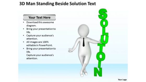 Young Business People 3d Man Standing Beside Solution Text PowerPoint Templates