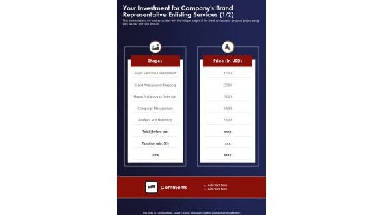 Your Investment For Companys Brand Representative Enlisting Services One Pager Sample Example Document