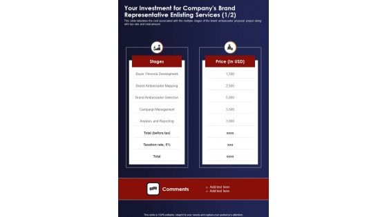 Your Investment For Companys Brand Representative Enlisting Services One Pager Sample Example Document Your Investment For Companys Brand Representative Enlisting Services One Pager Sample Example Document