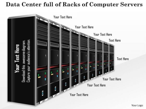 1 Data Center Full Of Racks Of Computer Servers Blades In A Line With Blinking Lights Ppt Slides