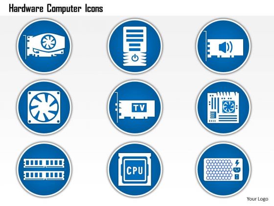 1 Hardware Computer Icons Showing Power Supply Fan Cpu Pcb Memory Chip Pcie Card Ppt Slide