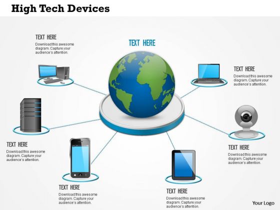 1 High Tech Devices Laptop Tablet Phone Connected To Centralized Data Center With Globe Ppt Slides 1 High Tech Devices Laptop Tablet Phone Connected To Centralized Data Center With Globe Ppt Slides