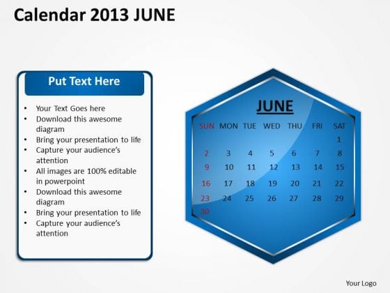 2013 June Calendar PowerPoint Slides Ppt Templates