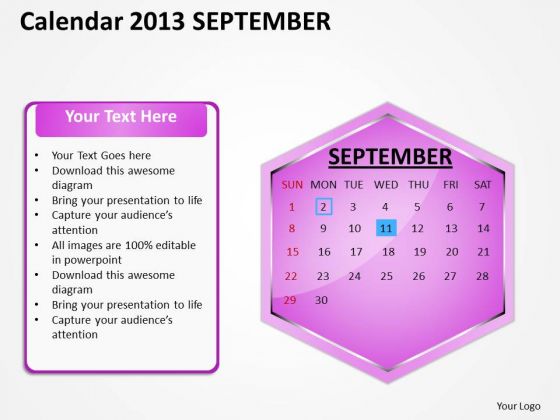 2013 September Calendar PowerPoint Slides Ppt Templates
